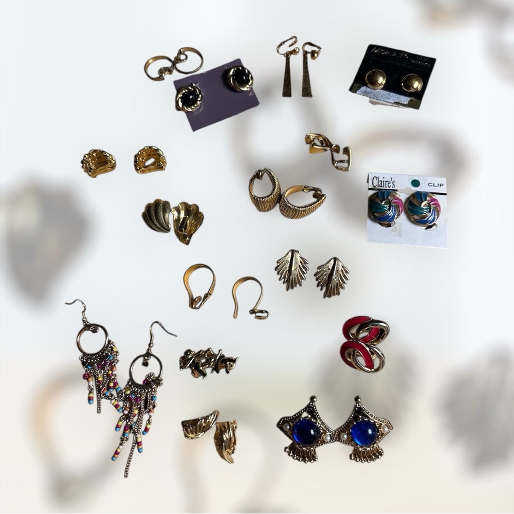 16 pair of Earrings Lot - Gold Tone - 14 pairs clip-on’s 2 pairs standard
